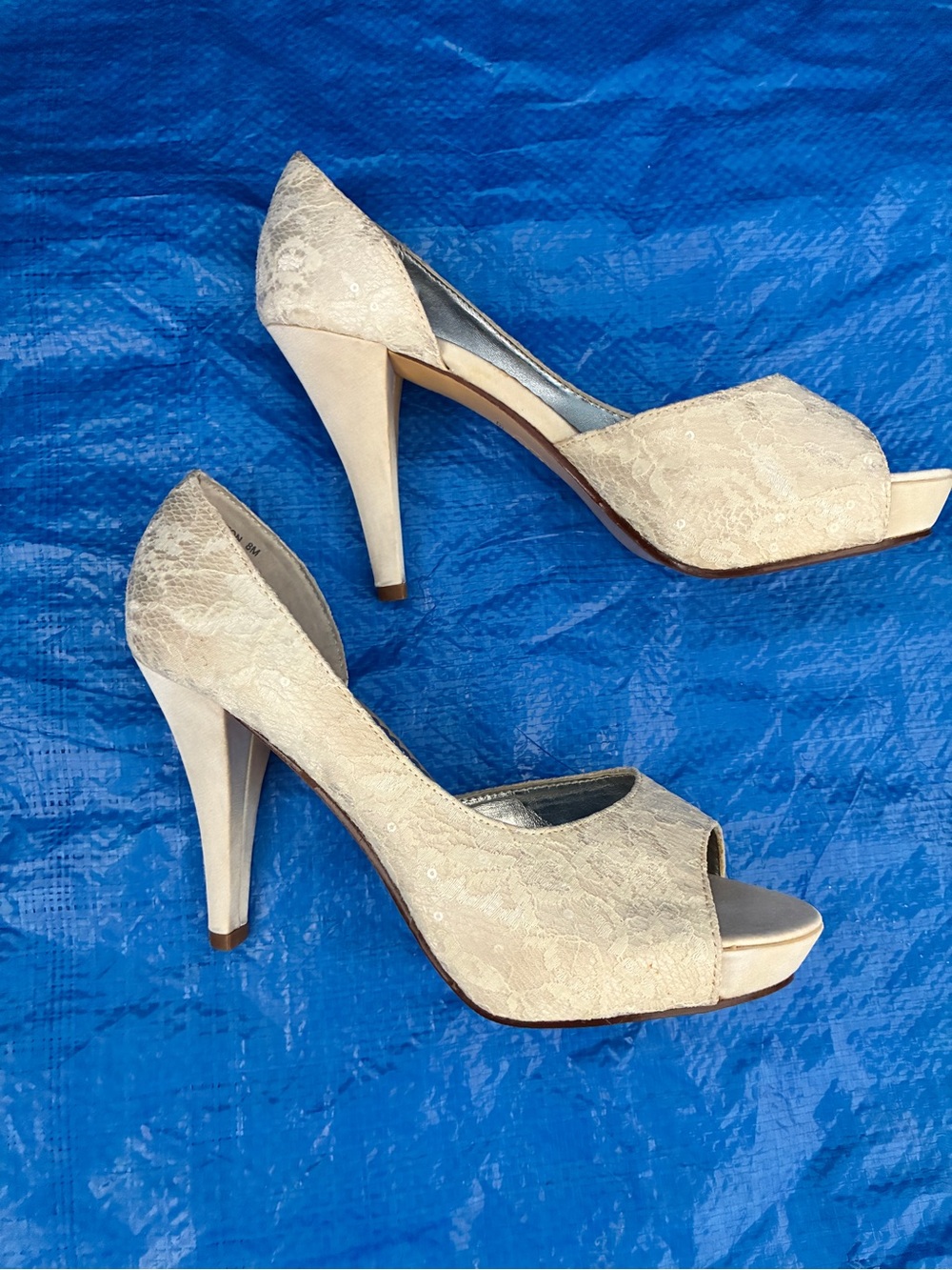 Michaelangelo Ivory Lace Peep-Toe High Heels
